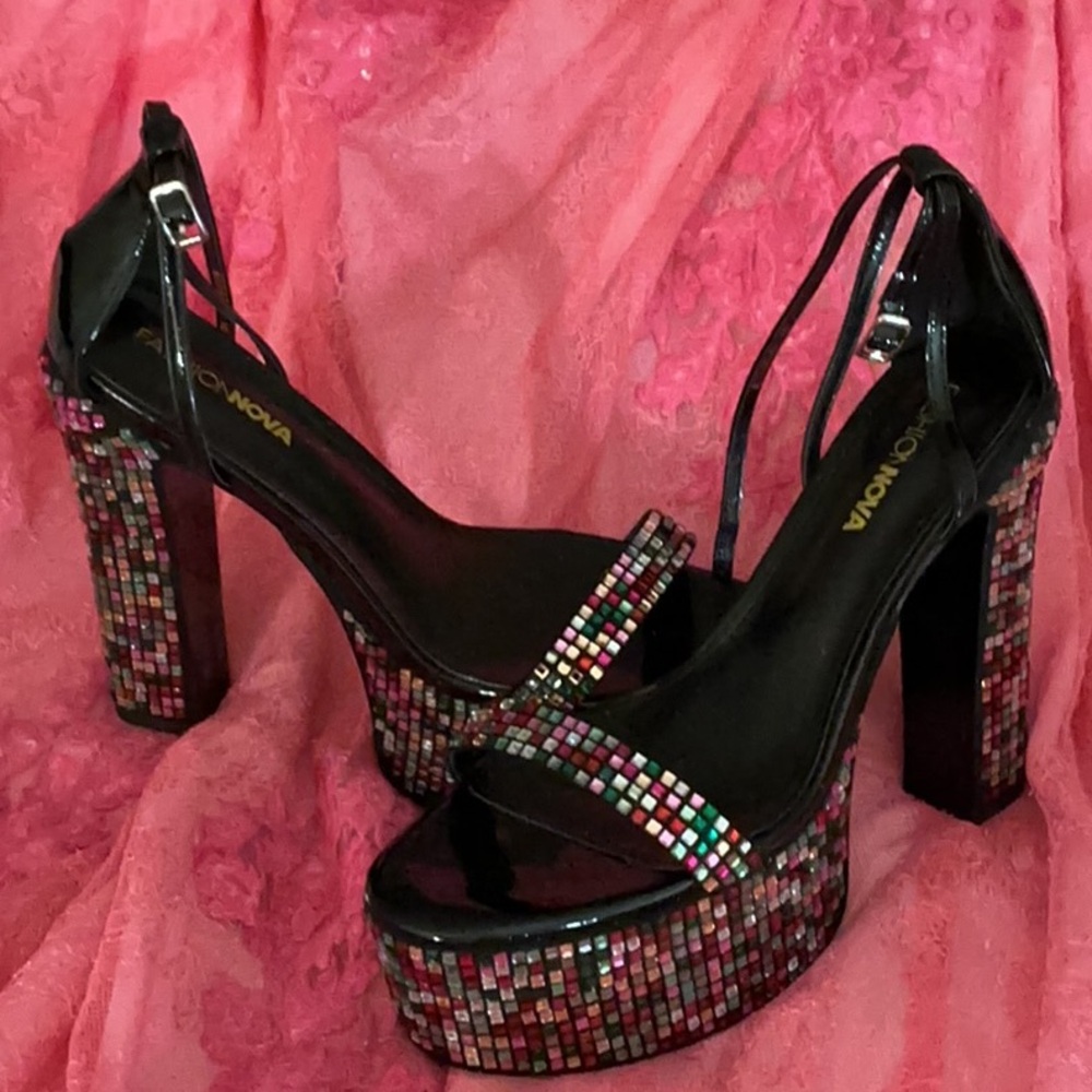Fashion Nova Black Chunky Heels with Sparkly Accents